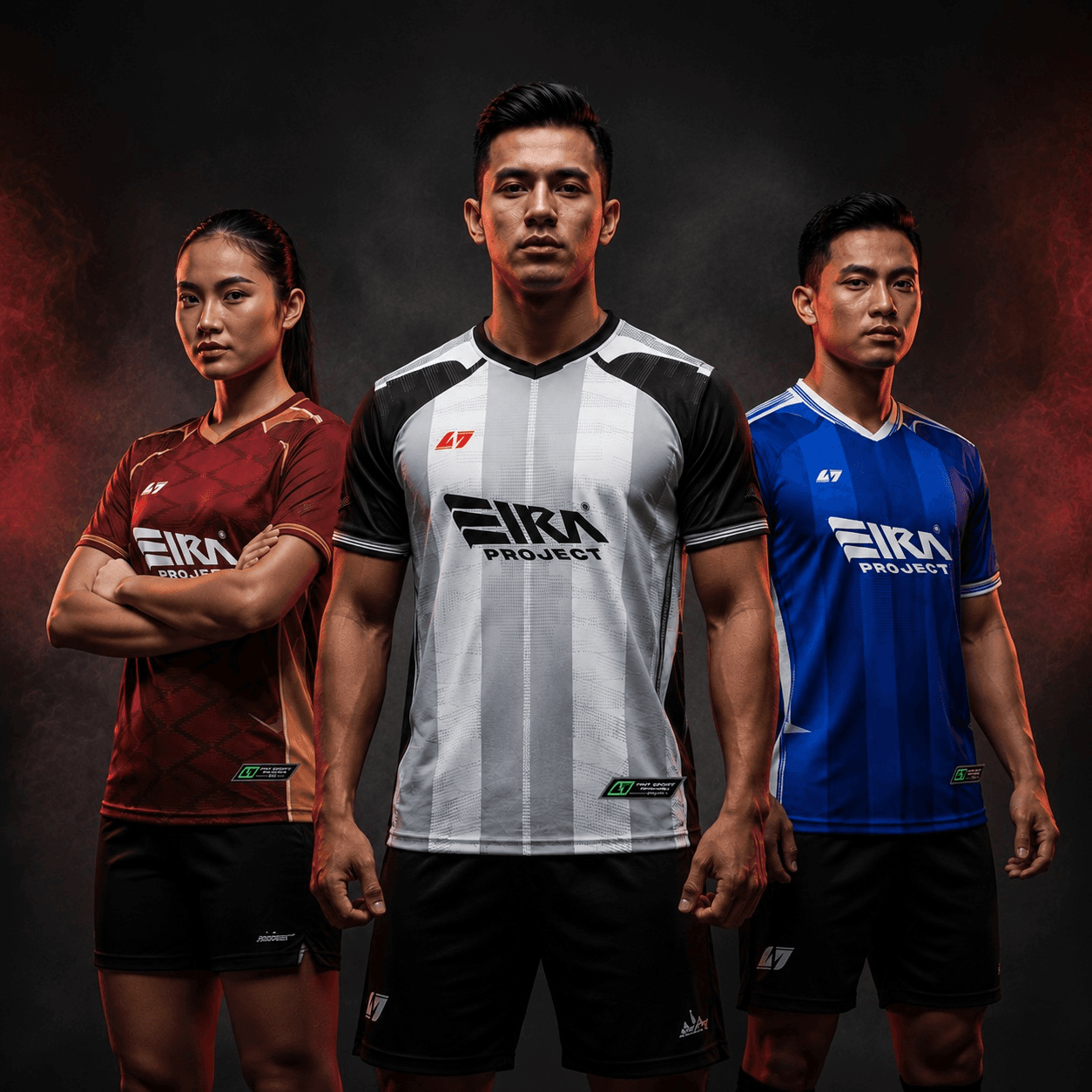 Tiga atlet mengenakan jersey custom TNT Sport