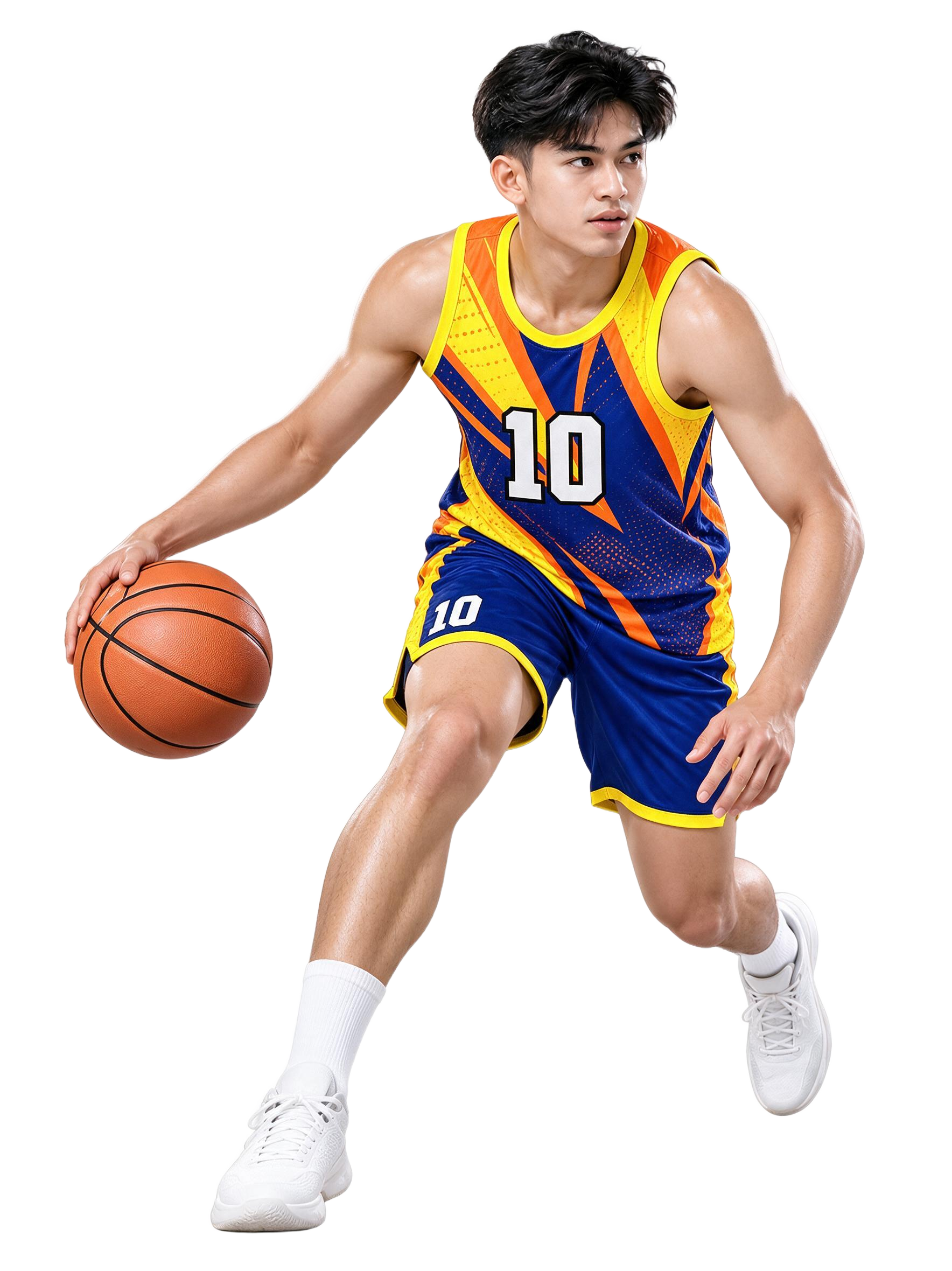 Pemain basket memakai jersey custom full printing biru-oranye nomor 10 sedang mendribel bola
