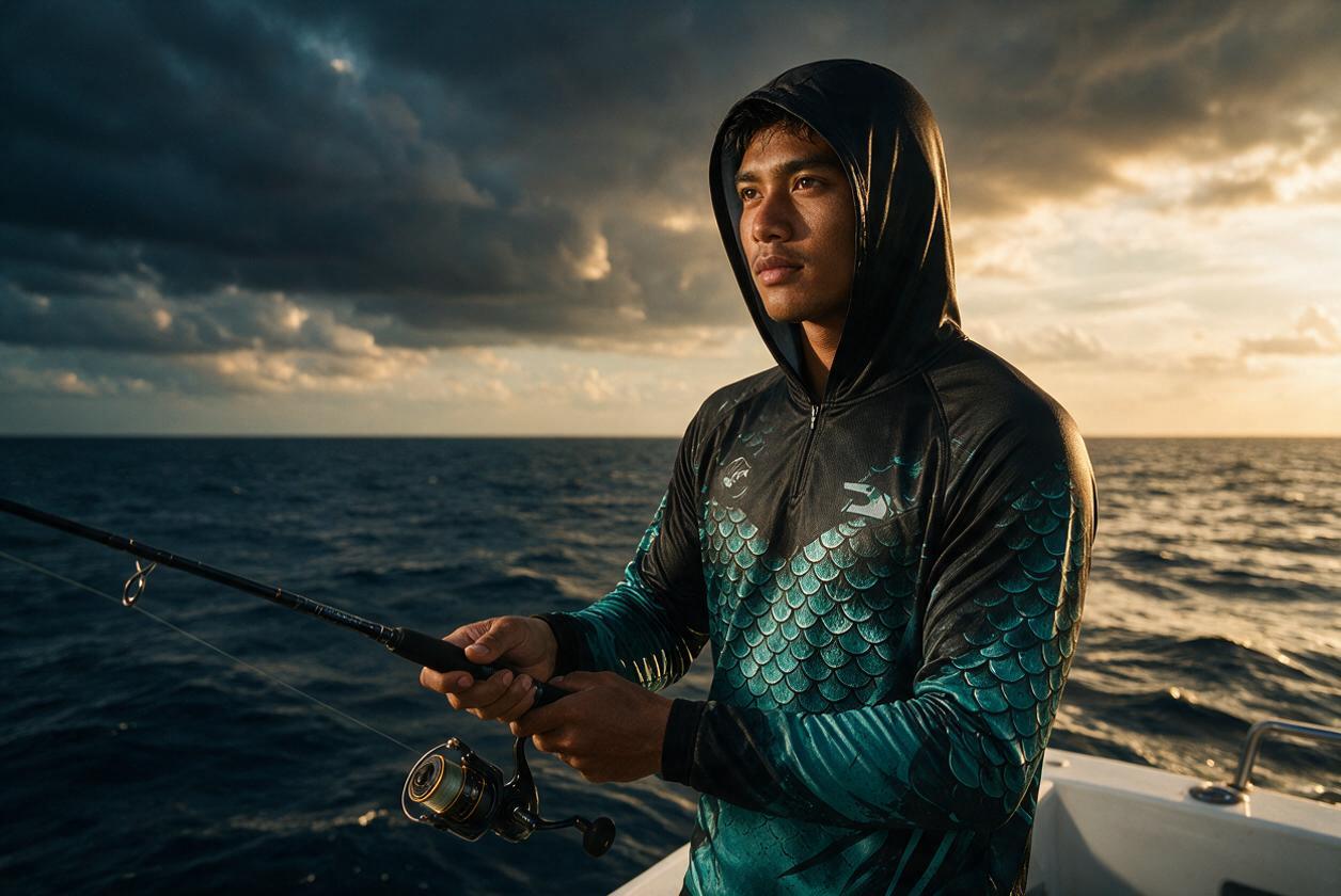 Pemancing memakai jersey fishing hoodie premium di atas kapal