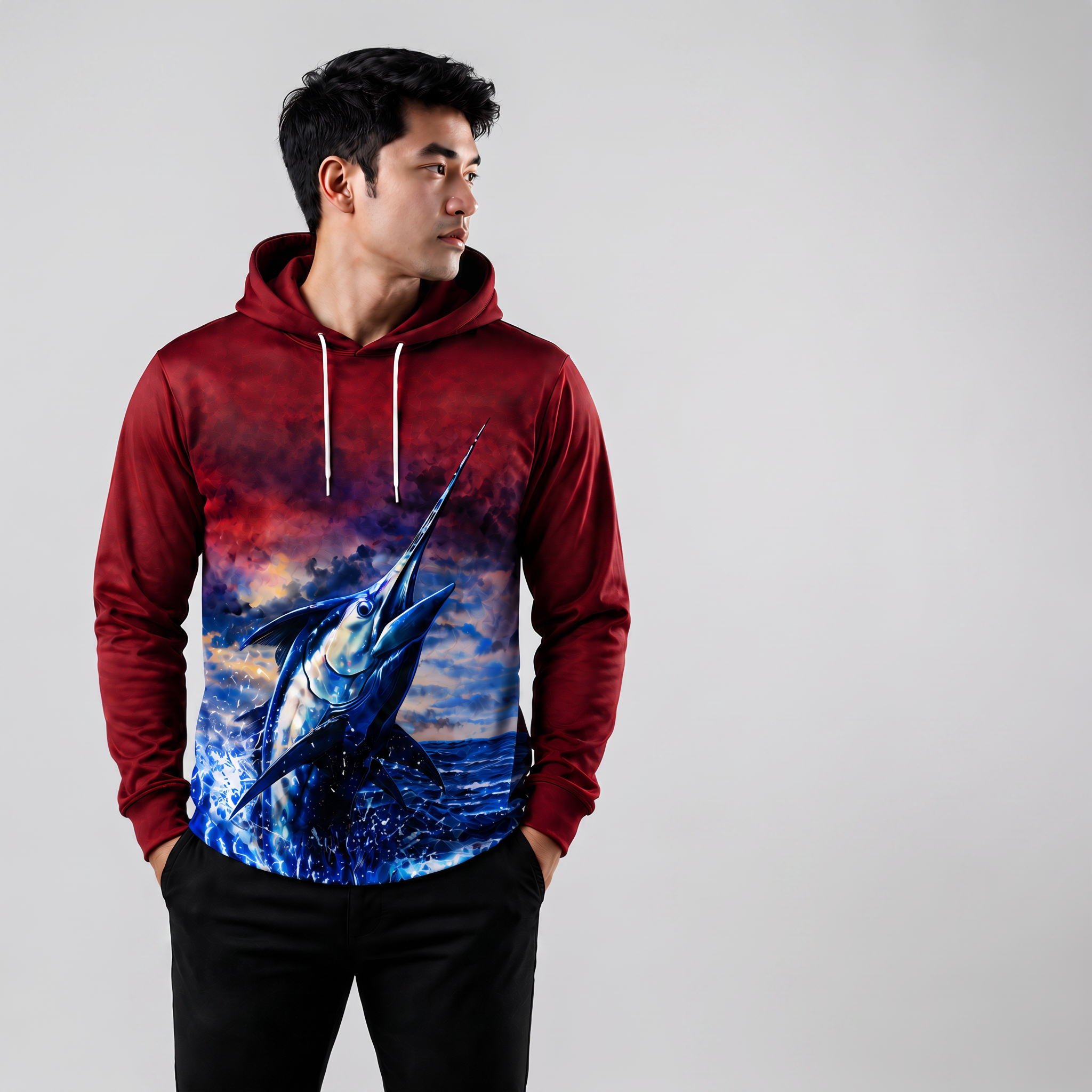 Model memakai jersey fishing hoodie tampak depan