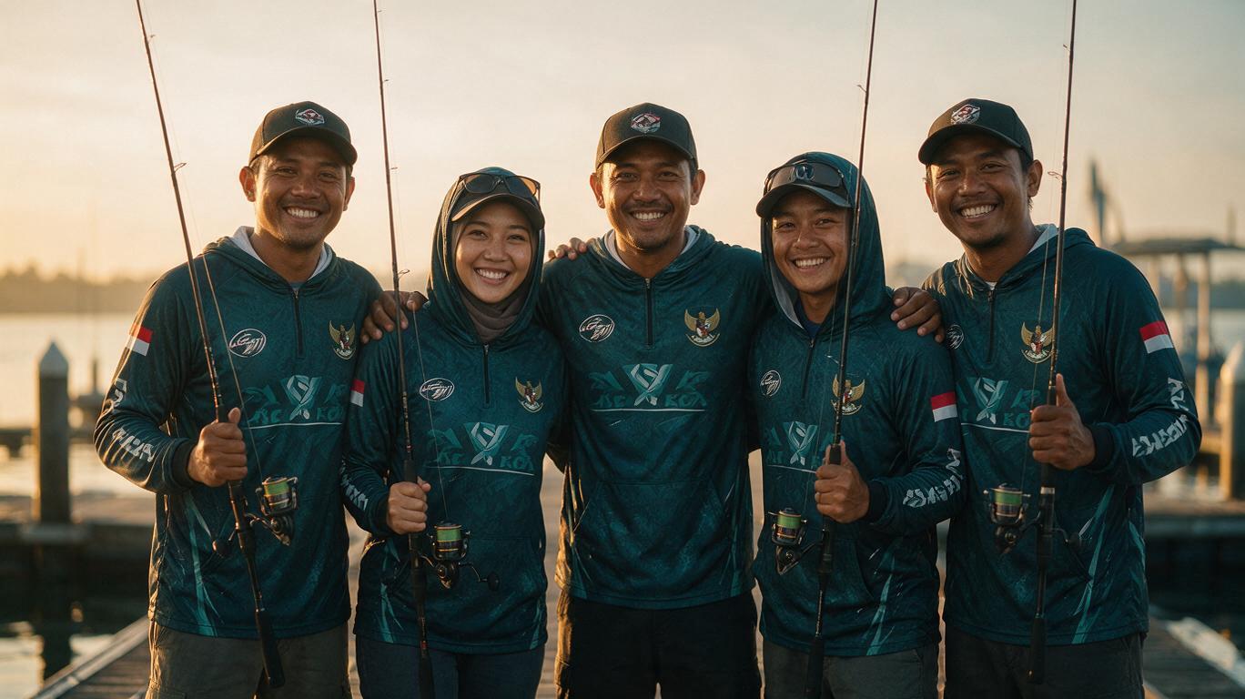 Tim mancing memakai jersey seragam di dermaga saat matahari terbit