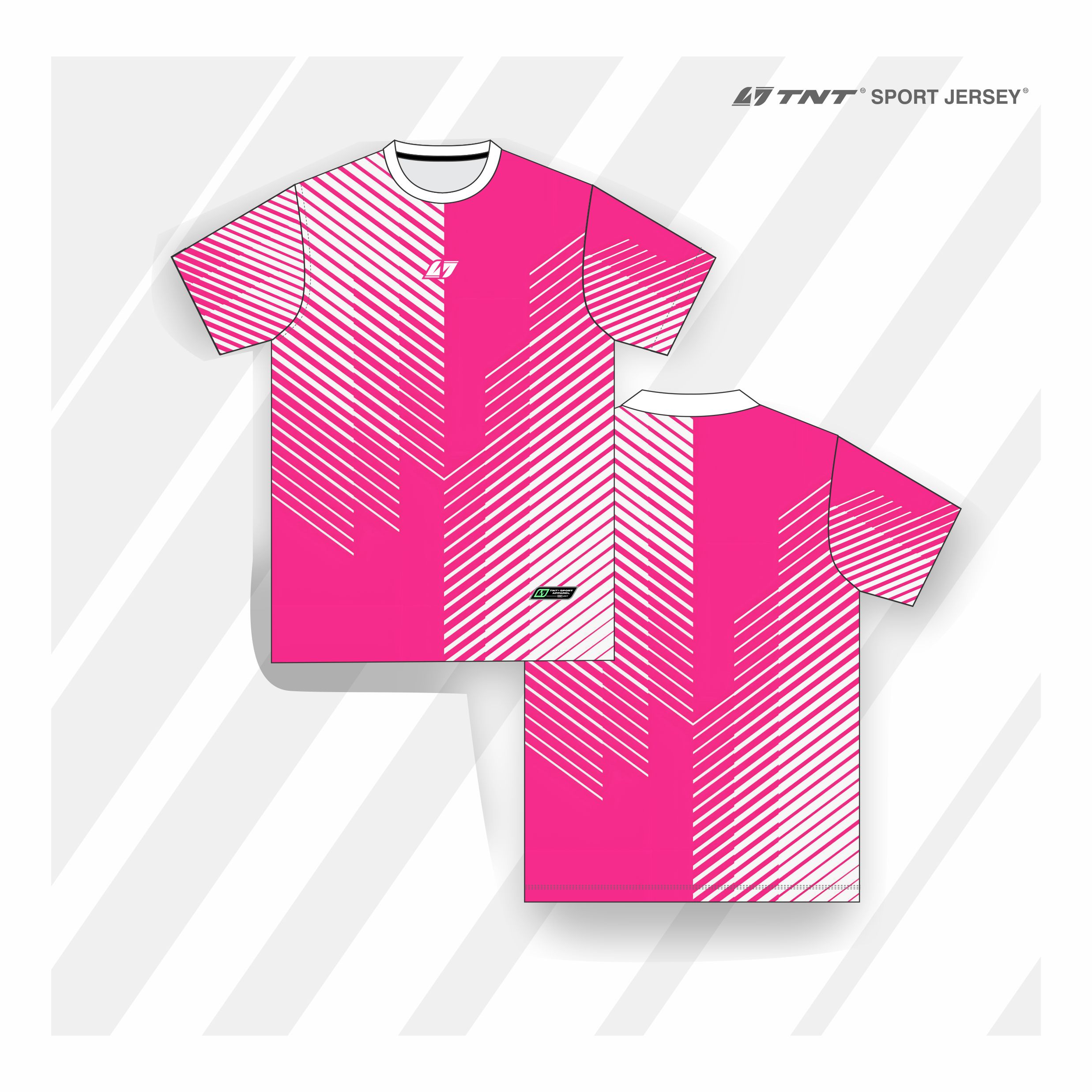 Mockup jersey running TNT Sport Apparel tampak depan dan belakang dengan titik-titik area kustomisasi