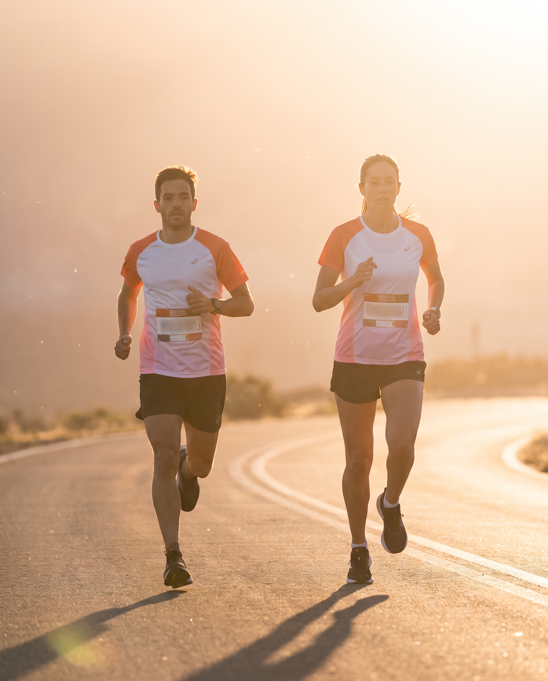 Dua pelari mengenakan jersey running custom TNT Sport Apparel saat matahari terbit